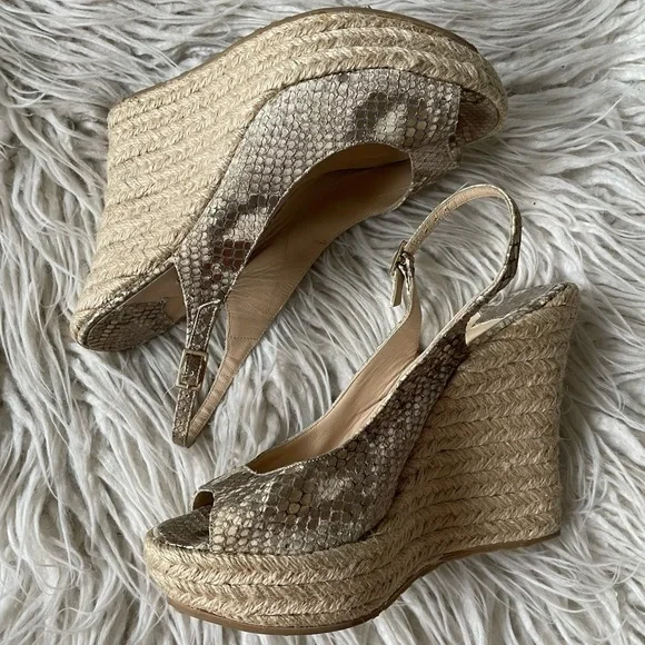 JIMMY CHOO Calfskin Snake Print Embossed Polar Beige Espadrille Sandal Wedges 37 - Picture 2 of 11